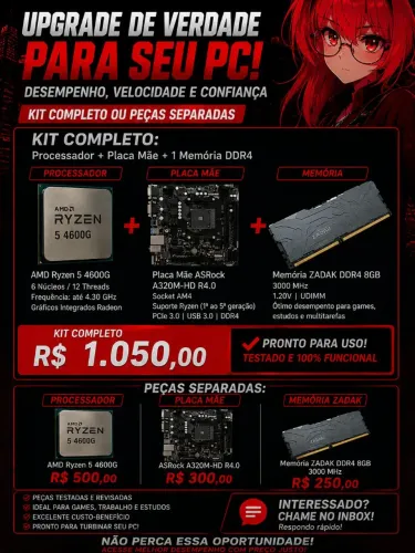 Ryzen 5 4600G + A320M + 8GB DDR4 | Kit ou Separado