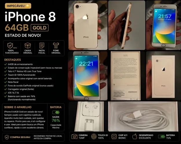 iPhone 8 64GB Gold Impecável + Caixa + Nota Fiscal + Fone Original