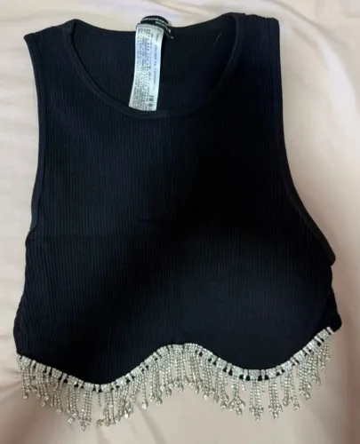 Top Zara Preto com Franjas de Strass XS