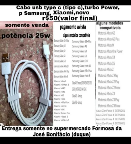 Cabo usb turbo Power tipo c para Samsung/Xiaomi novo r$50(valor final)