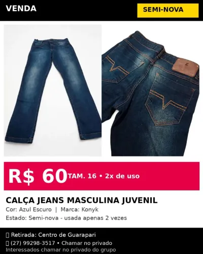 Calça jeans juvenil masculina usada 2x! R$60
