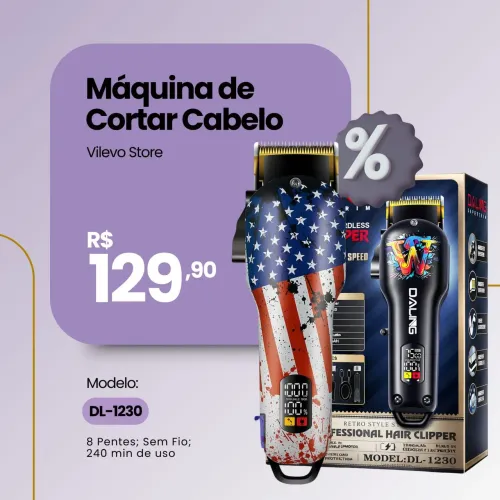 Máquina de Cortar Cabelo Daling DL-1230: Profissional Sem Fio 7000 RPM