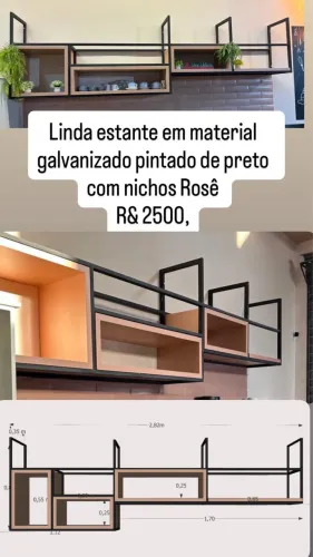 Estante material galvanizado com nichos de madeira rose