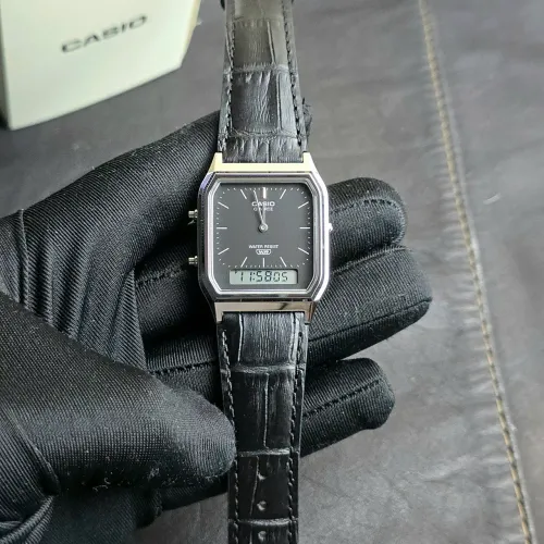 Relógio Casio AQ-230EL-1ADF Dual Time Prata Pulseira de couro