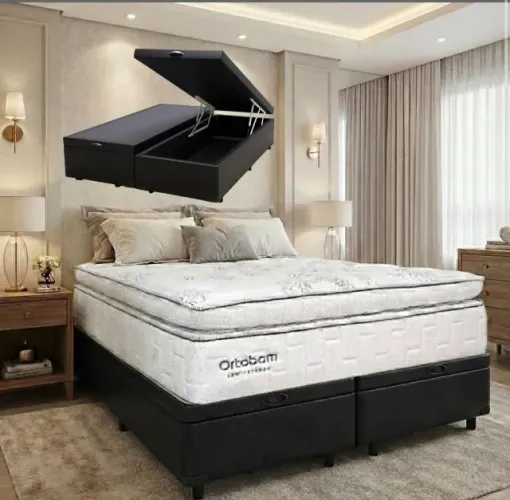 Cama Box Baú Queen Confort Visco D33 Molas Ensacadas com Base Preta