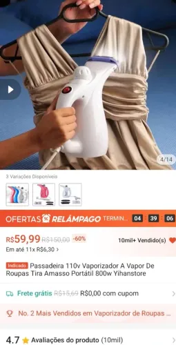 Passadeira 110v Vaporizador A Vapor De Roupas Tira Amasso Portátil 800w