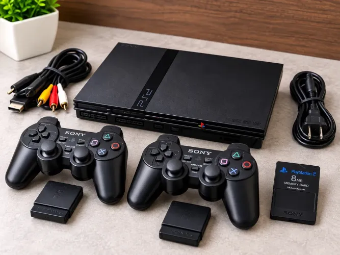 PlayStation 2 Slim + 2 Controles Sem Fio + Memory Card Original
