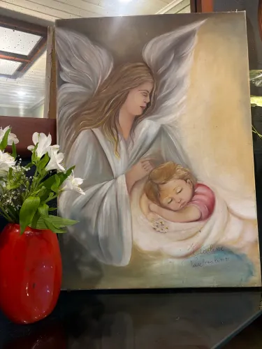 Quadro Pintura Óleo Sobre Tela Anjo Da Guarda 70x50cm Assinado