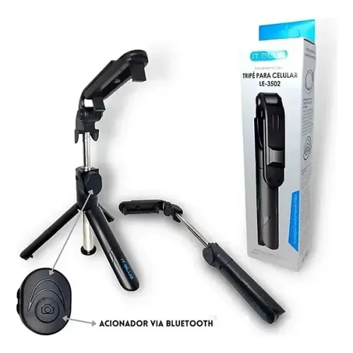 Bastão de Selfie Tripé com Controle Bluetooth Rotação 360° Até 70cm - It-Blue