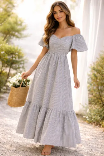 vestido feminino longo estampado listras preto e branco ciganinha poliéster algodão
