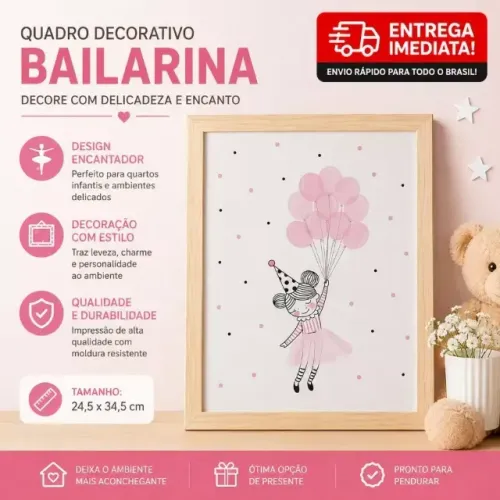 Quadro Decorativo Bailarina 24,5x34,5cm Infantil Rosa