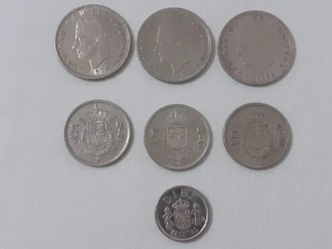 Moedas da Espanha 25, 10 e 5 Pesetas, 1975-1983.