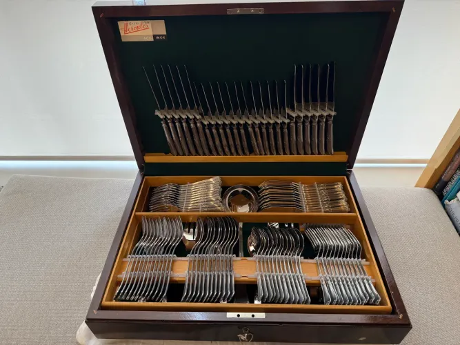 Faqueiro Hércules 130 Peças Inox 1975 - Nunca Usado, Estojo Madeira com Chave