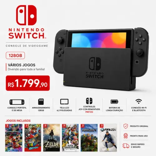 Nintendo Switch Console Videogame 128GB Vários Jogos