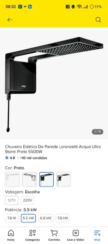 Chuveiro Elétrico De Parede Lorenzetti Acqua Ultra Storm Preto 5500W