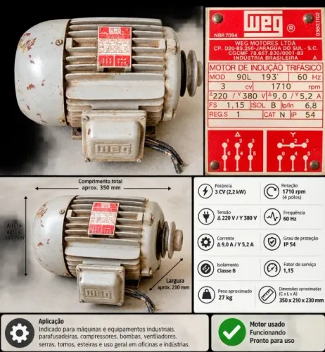 MOTOR WEG 3 CV TRIFÁSICO, 220/380 V, 1710 RPM. USADO, FUNCIONANDO, COM POLIA INSTALADA.