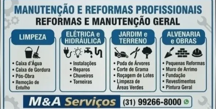Mão de Obra Disponível, Serviço de Limpeza,,Poda, Reformas, Reparos hidráulica, Elétrica.