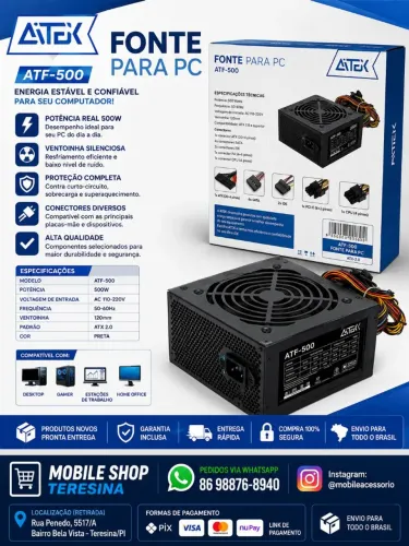 Fonte para PC ATX 500W Aitek ATF-500 Bivolt