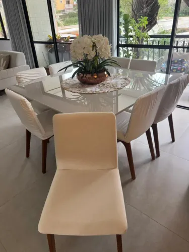 Mesa de jantar quadrada em laca 8 cadeiras com aparador