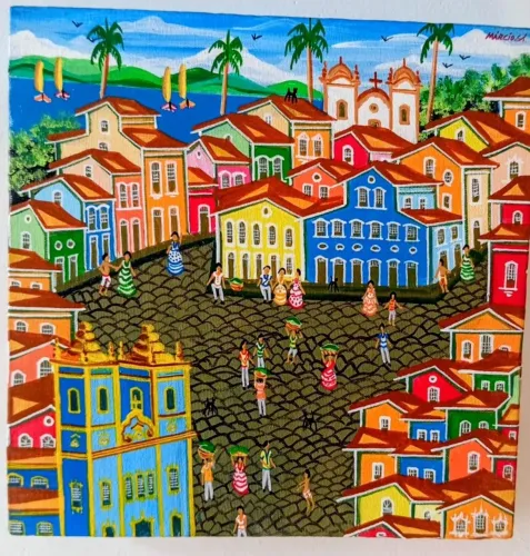 Telas de Márcio Sá artista naif da Bahia salvador Pelourinho <br>Medida 20x20