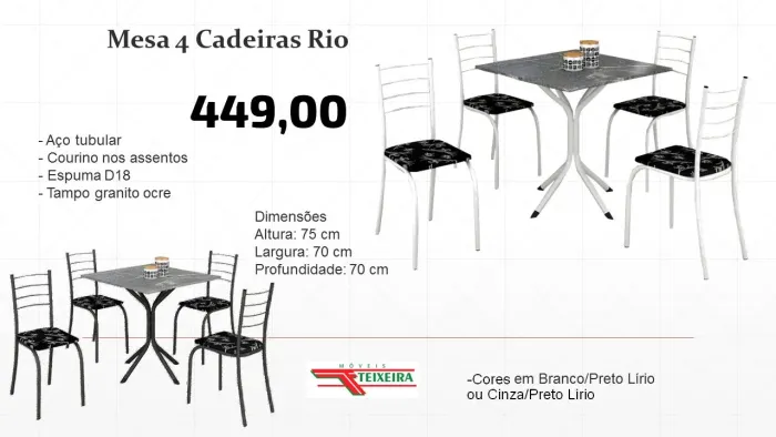 Mesa 4 cadeiras granito Rio 75x75 tubular - ENTREGA HOJE !!! 