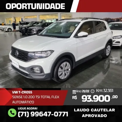 VOLKSWAGEN T-CROSS SENSE 1.0 200 TSI TOTAL FLEX AUTOMÁTICO BRANCO 21/22 COM 32.361KM