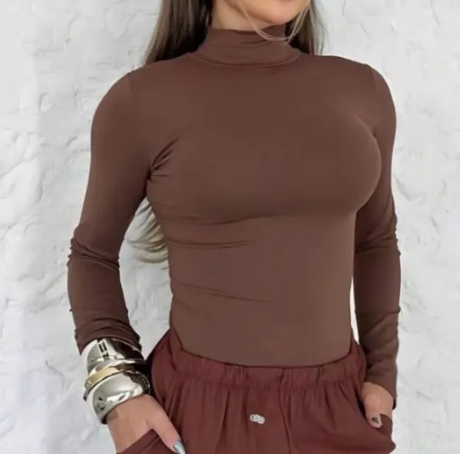 Body Manga Longa Marrom NOVO P/M