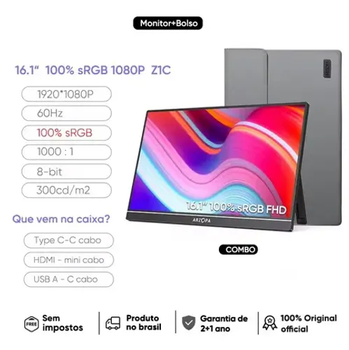 Monitor de Jogos Portátil ARZOPA 16.1" 60 Hz , 100 % sRGB , 1080P FHD - Com Case