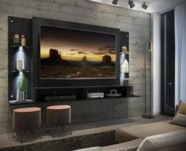 Painel Tv até 60 Polegadas com 4 Leds e Prateleiras de Vidro Vegas Multimóveis Preto Preto