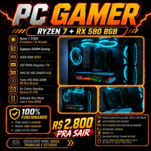 PC Gamer Ryzen 7 3700X + RX 580 8GB, 32GB RAM, SSD NVMe 1TB