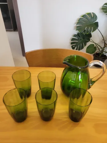 Jarra e Copos - Vidro Verde - Cristais Hering