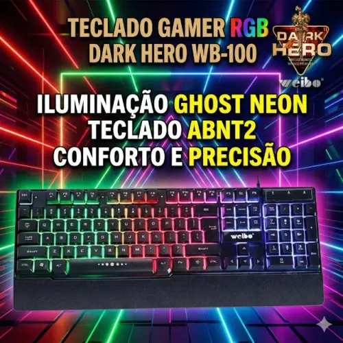 Teclado Gamer RGB Tecla Ghost Neon ABNT2 WB-100 com Conexão USB 2.0 e Iluminação RGB