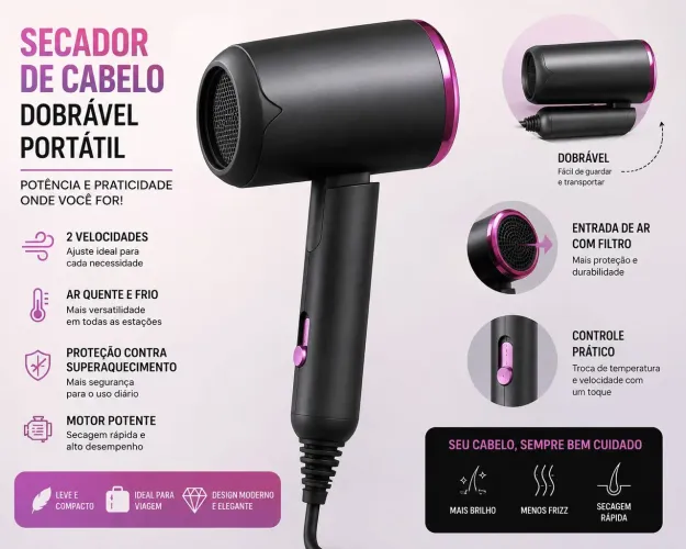 Secador de Cabelo Dobrável Portátil com Ar Quente e Frio, 2 Velocidades Novo! Nunca Usado.