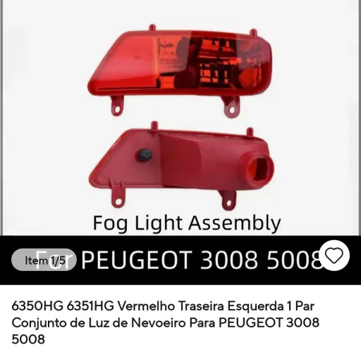 Lanterna de neblina traseira Peugeot 3008 e 5008