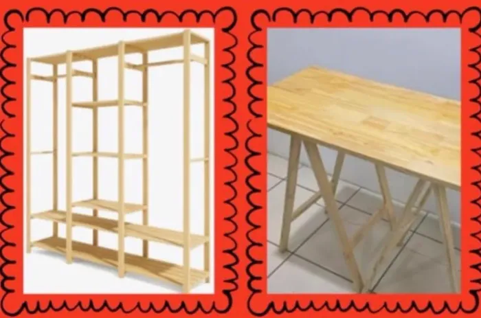 Mesa e arara de roupas