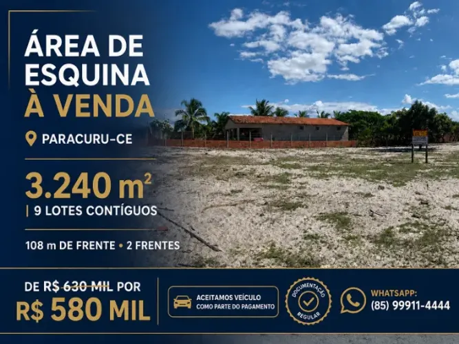 Terreno de esquina 3.240 m² com 9 lotes matriculados em Paracuru