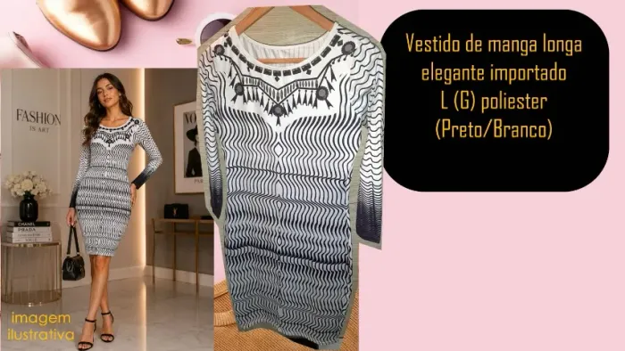 Vestido de manga longa elegante importado L (G) poliester