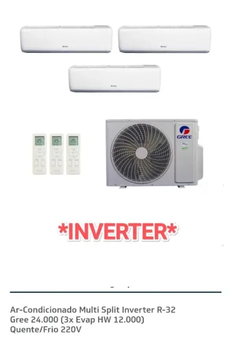 Ar Multi Split Inverter Gree 24.000 BTUs ( 03 Evap x 12.000 BTU) + Novo + Nota + Garantia