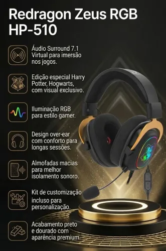 Headset Gamer Redragon Zeus RGB Harry Potter Hogwart's Special Edition HP-510 Surround 7.1