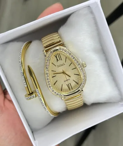 Relógio Analógico Feminino Dourado Inox Serpente
