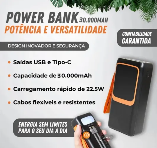 Carregador Portatil Digital 4 Usb 2 Tipo C 22.5W 30k MAH BTE-46E Espada