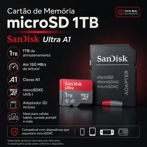 Cartão MicroSD SanDisk Ultra 1TB A1 UHS-I + Adaptador SD (em excelente estado)