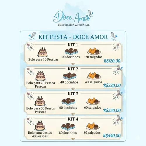 Cardápio de bolo doces e salgados 