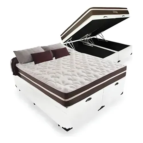 conjunto cama box baú branco e colchão marrom/bege resistance king