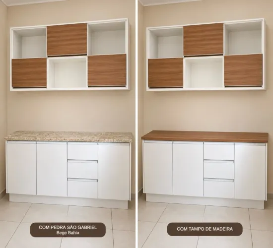 Armário em MDF + 2 bancadas(madeira e pedra São Gabriel-Bege Bahia)