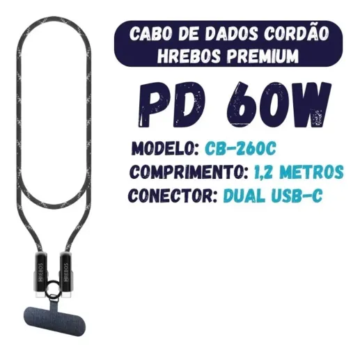 Cabo Cordão Pescoço 120 Cm 60w Tipo-c ou iOS P/ Celular Colar