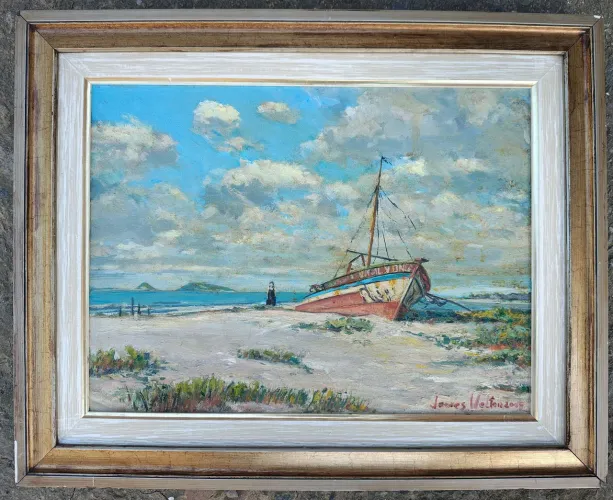 Quadro Marinha Original James Welton - Óleo Sobre Tela Anos 90 Com Moldura