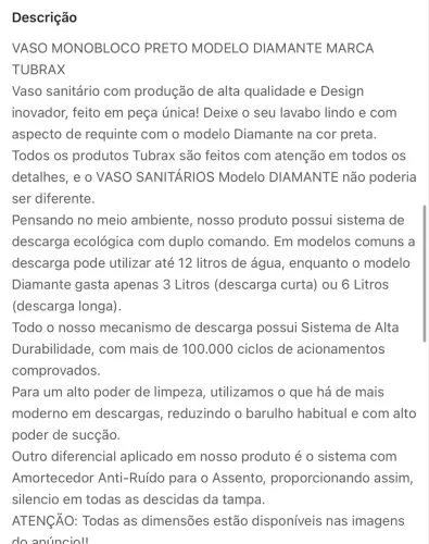 Vaso Sanitário Monobloco Preto - Diamante Tubrax