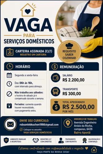 Vaga para secretaria do lar
