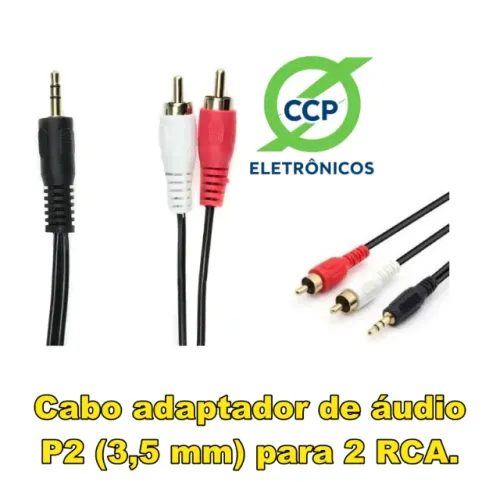 cabo adaptador de áudio P2 (3,5 mm) para 2 RCA.